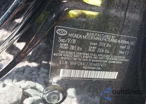 2019 Hyundai Elantra Sel из США, поврежденный, VIN 5NPD84LF2KH407471